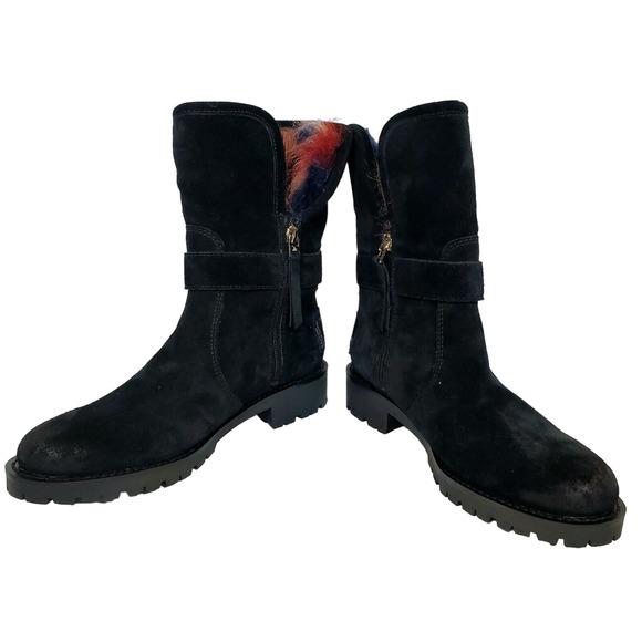 Sam Edelman Jeanie Black Suede Fur Lined Moto Combat Chelsea Boot Size 7M - Picture 5 of 7